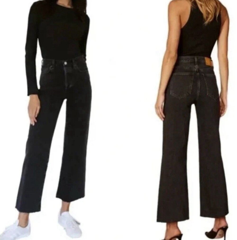 Aritzia Denim Forum Jeans 26 The Farrah High Rise Crop Wide Leg Black Y2K Goth